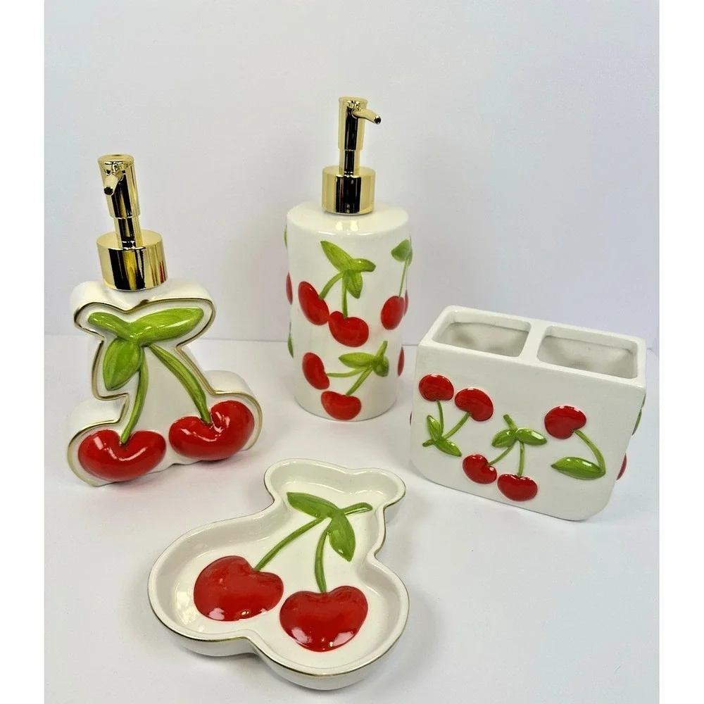 Cherry Soap Dispenser Mayim Ceramic Gold Pump Cottagecore Retro Kitchen Decor - Picture 5 of 5